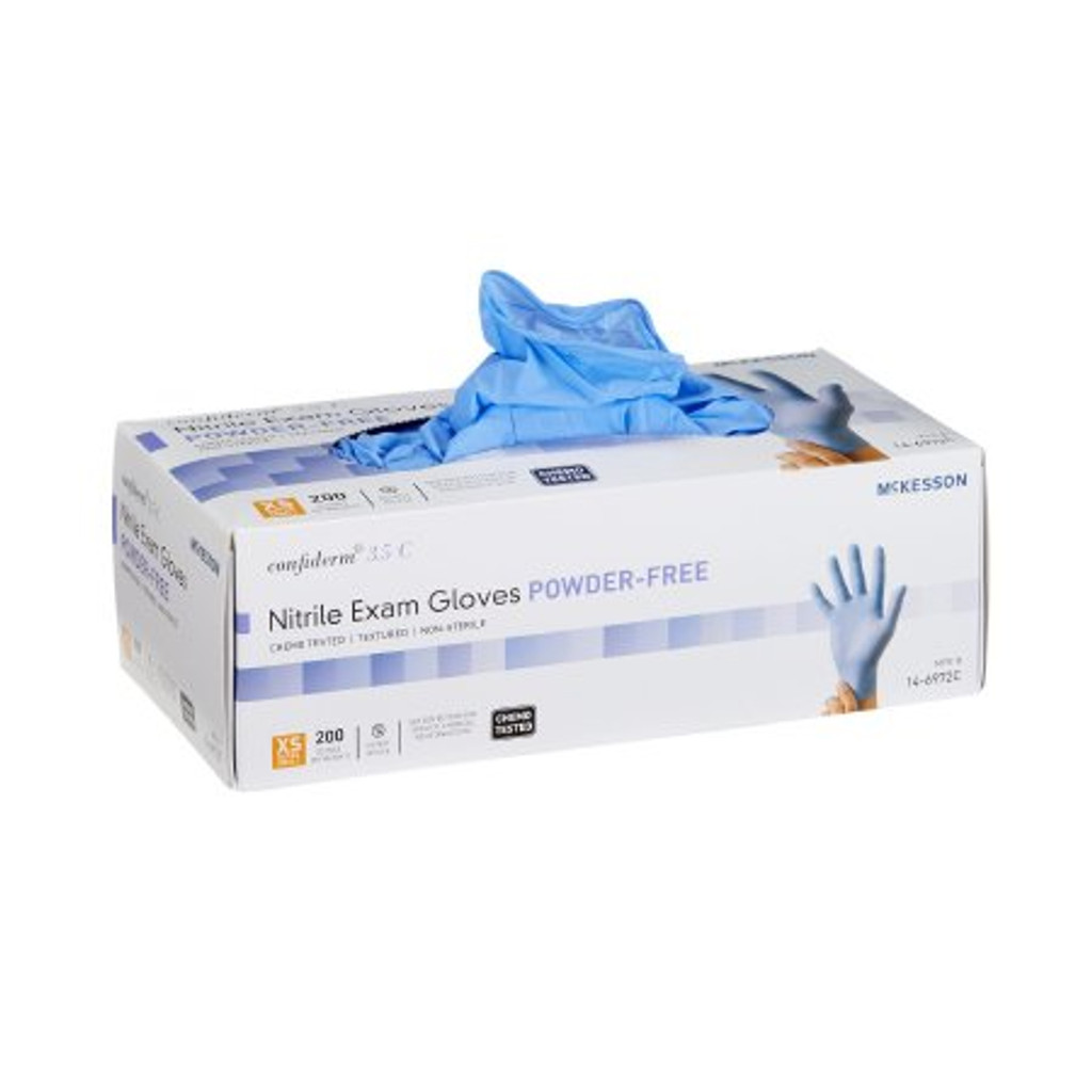 Eksamenshanske mckesson confiderm® 3.5c x-small usteril nitril standard mansjettlengde teksturerte fingertuppene blå kjemo testet
