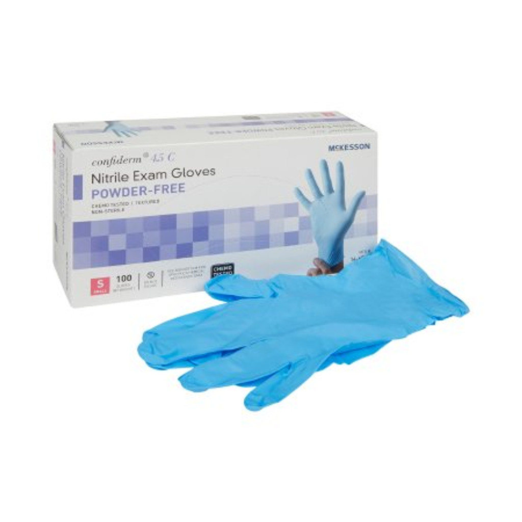 Eksamenshanske mckesson confiderm® 4.5c liten usteril nitril standard mansjettlengde teksturerte fingertuppene blå kjemo testet
