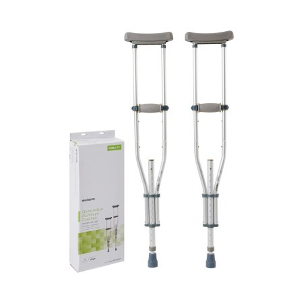 Underarm Crutches McKesson Aluminum Frame Youth / Adult / Tall Adult 300 lbs. Weight Capacity 38-1/2 to 62-1/2 Inch Crutch Height Push Button Adjustment
