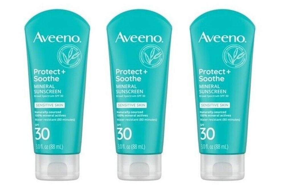 BL Aveeno Spf 30 Protect + מרגיע קרם הגנה מינרלי רגיש 3 oz - חבילה של 3