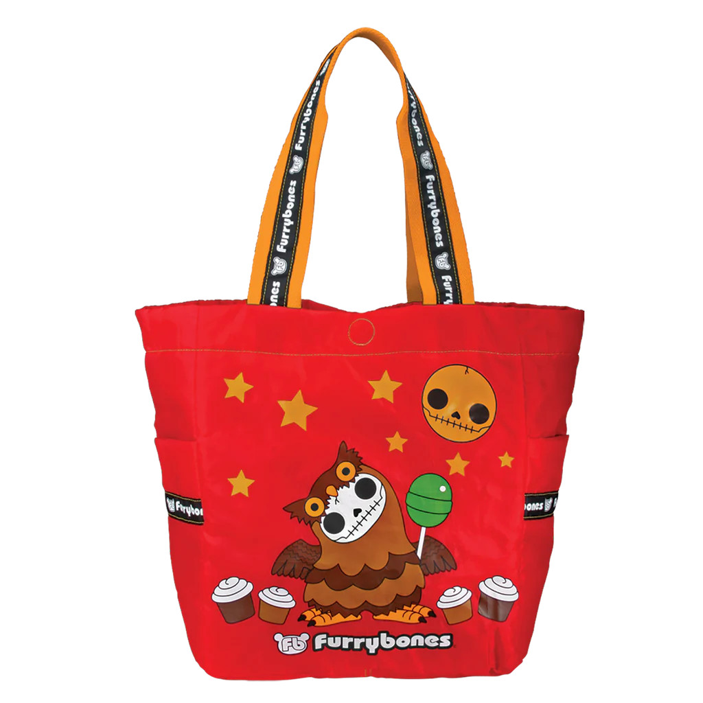 Bolso tote de nailon rojo con calavera de búho hootie de pt furrybones