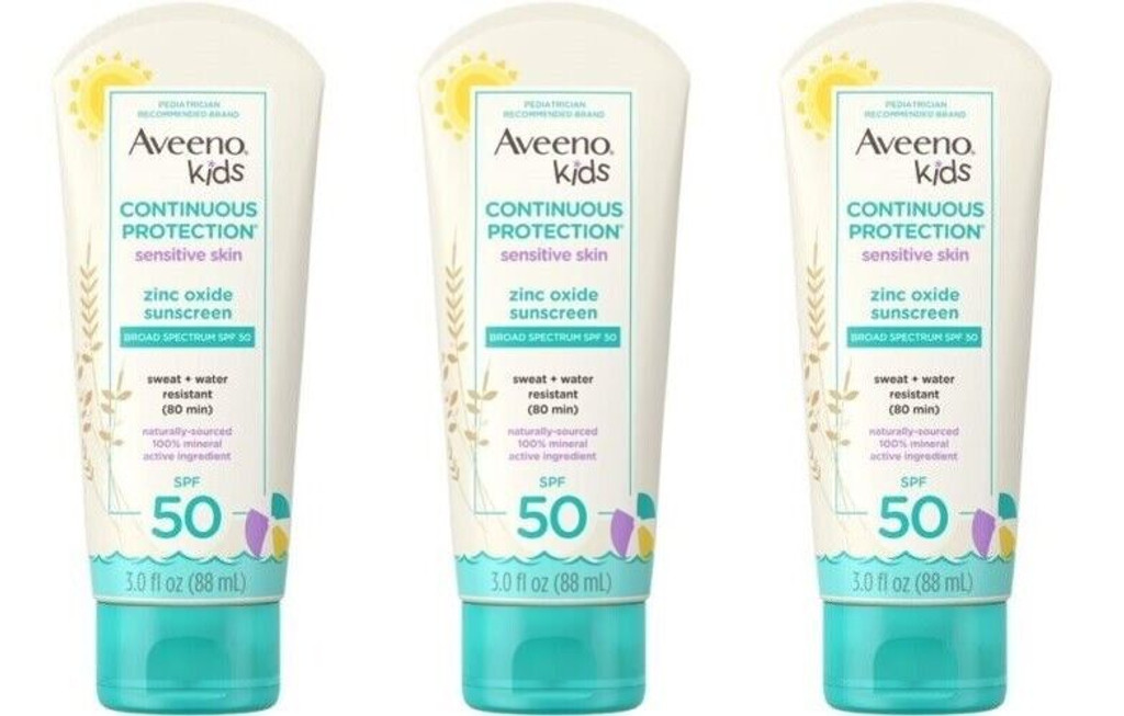 BL Aveeno Spf 50 Kids Sensitiv Skin Sink Oxide קרם הגנה 3 oz - חבילה של 3