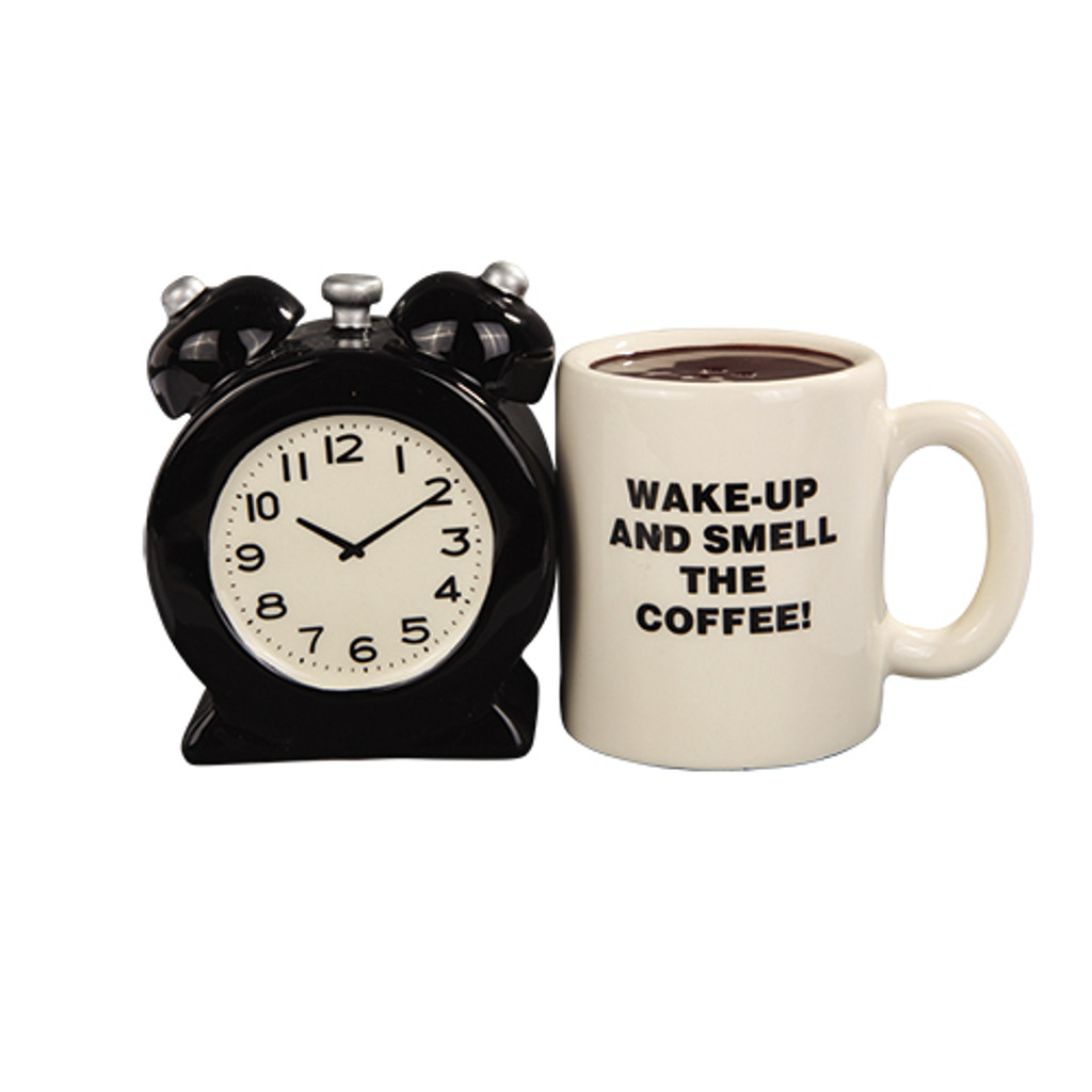 PT Wake up and Smell the Coffee Alarm Clock and Coffee Cup Salt and Pepper Shaker Set
