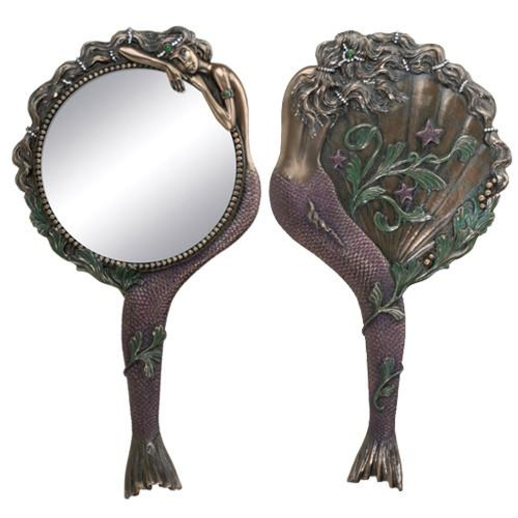 Espelho de mão em resina de sereia com concha de bronze Pt