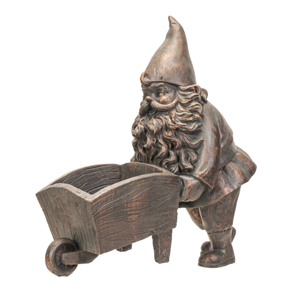 PT Bronze Gnome with Wheelbarrow Flower Planter 