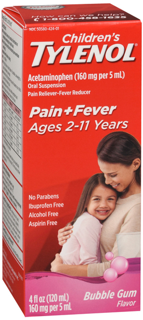 Tylenol smerte + feber for barn 160 mg Acetaminophen Bubblegum oral suspensjon 4 oz