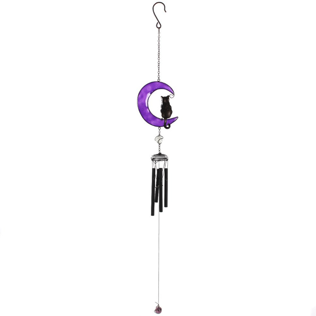 PT Black Cat on a Purple Crescent Moon Metal Wind Chime