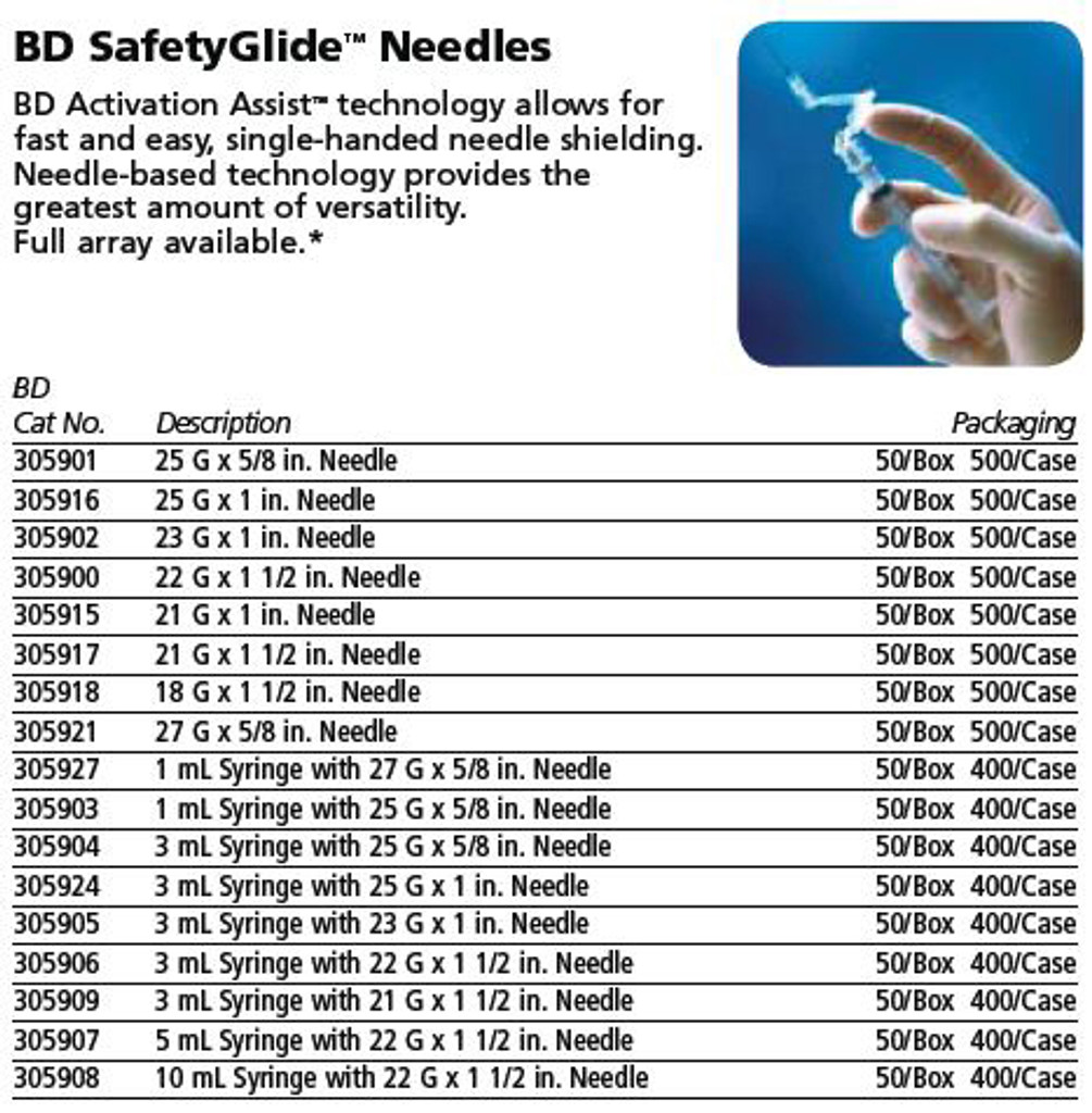 BD מחט בלבד SafetyGlide 25 גרם x 5/8 אינץ' קופסא 50 קראט (305901)