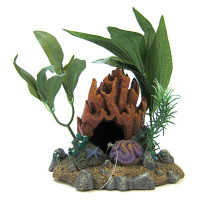 Blue Ribbon Resin Ornament Fire Coral Cave with Plants 5"L x 4.5"W x 4.5"H
