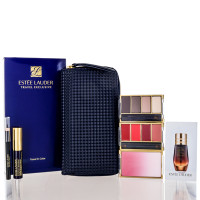 Estee Lauder/Travel in Color Make-up-Palettenset Pure Color Envy Sculpting Lidschatten 4 Farbpalette 0,12 Unzen Pure Color Envy Sculpting Lippenstift 4 Farbpalette 0,08 Unzen Pure Color Envy Sculpting Rouge (260) Plüschblütenblatt 0,17 Unzen Double Wear Stay-in-Place Eyeliner-Stift 0,02 Unzen Rougepinsel, Spiegel, Advanced Night Repair, Augenkonzentrat-Matrix, 0,02 Unzen Estee Lauder Kosmetiktasche, Double Wear, an Ort und Stelle bleibender Eyeliner-Stift, Onyx Mini, üppige Knockout-definierende Lift&Fan-Mascara, Schwarz