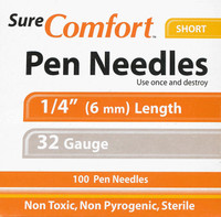 SureComfort Short Pen Needles 32 Gauge 1/4" Box of 100