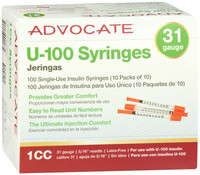 Seringas de insulina Advocate u-100 31g 1cc 5/16" 100 contagens