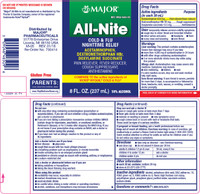 Líquido de alivio nocturno para el resfriado y la gripe Major All-Nite, 8 oz