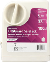 UltiGuard Safe Pack insuliinikynän neulat ja terävä säiliö Mini 6 mm (1/4 tuumaa) 32 G 100 Count