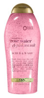 Exfoliante corporal y lavado Ogx con agua de rosas y sal marina rosada, 19,5 oz