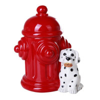 PT Red Fire Hydrant and Dalmatian Hand Painted Ceramic Cookie Jar
