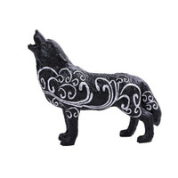 PT Figurine statue en résine loup noir avec motif tourbillonnant blanc
