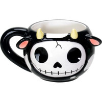 PT Furry Bones Moo Moo Cow Skull Hand Painted Ceramic Coffee Mug