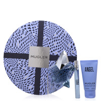 סט Angel Mugler - (W) Angel EDP תרסיס למילוי חוזר 1.7 OZ / Angel EDP מיני תרסיס למילוי 0.3 OZ / תחליב גוף Angel 1.7 OZ בקופסת מתנה עגולה