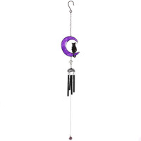 PT Carillon à vent en métal avec chat noir sur un croissant de lune violet