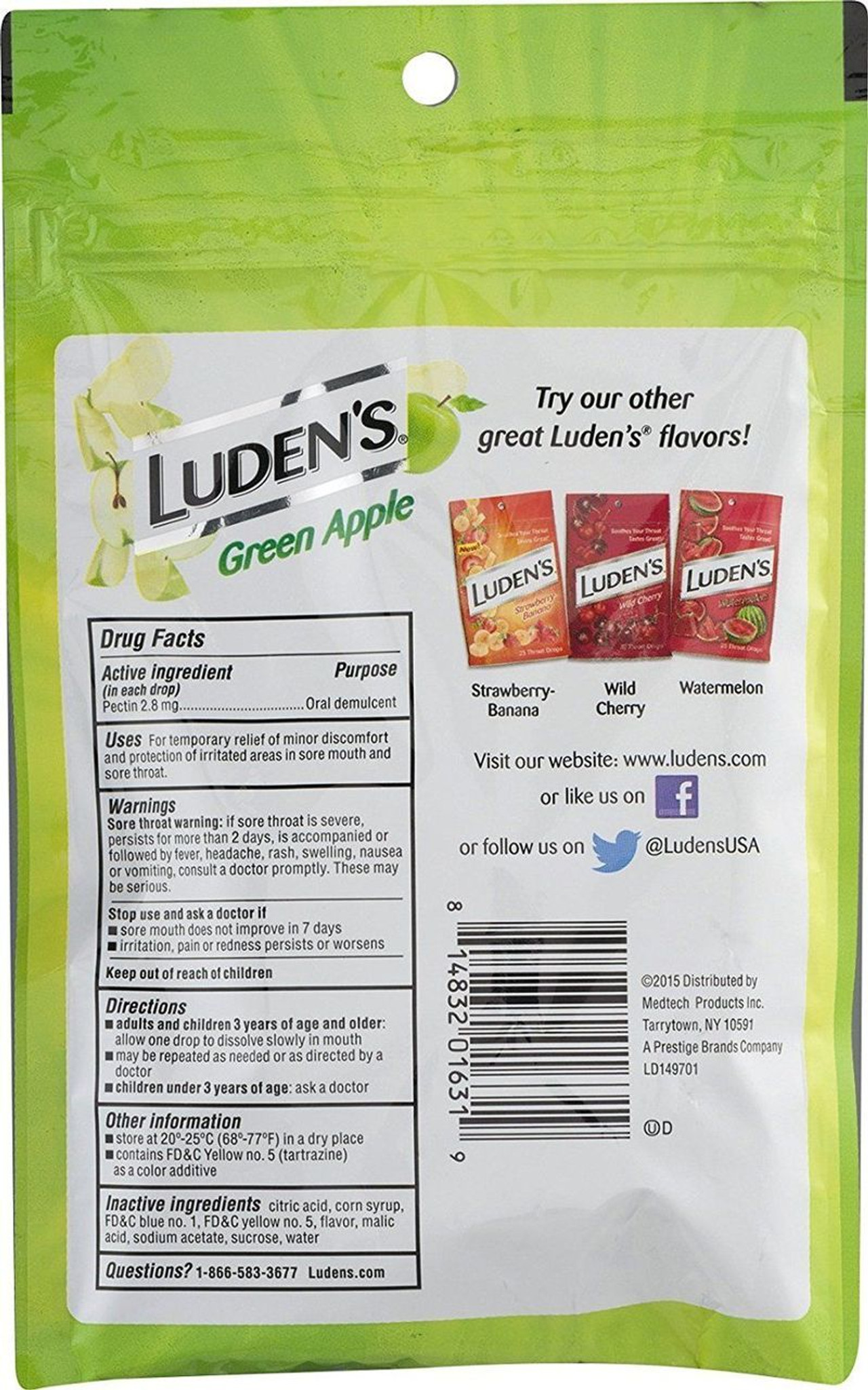 Ludens Green Apple Cough Drops, Always Soothing Never Sour, 25 Count 