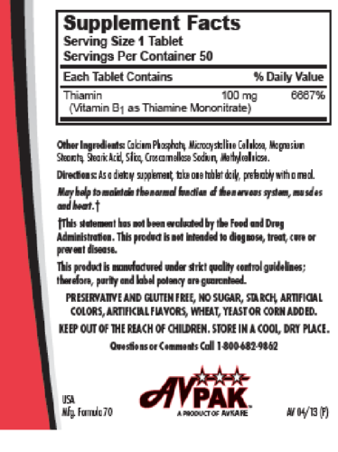 AvKARE Vitamin B1Thiamine 100 mg 10x5 UD 50 Tablets