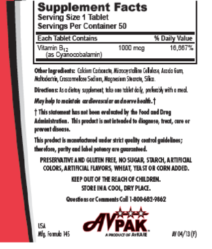 AvKARE Vitamin B12 Cyanocobalamin 1000 mcg 5X10 UD 50 Counts