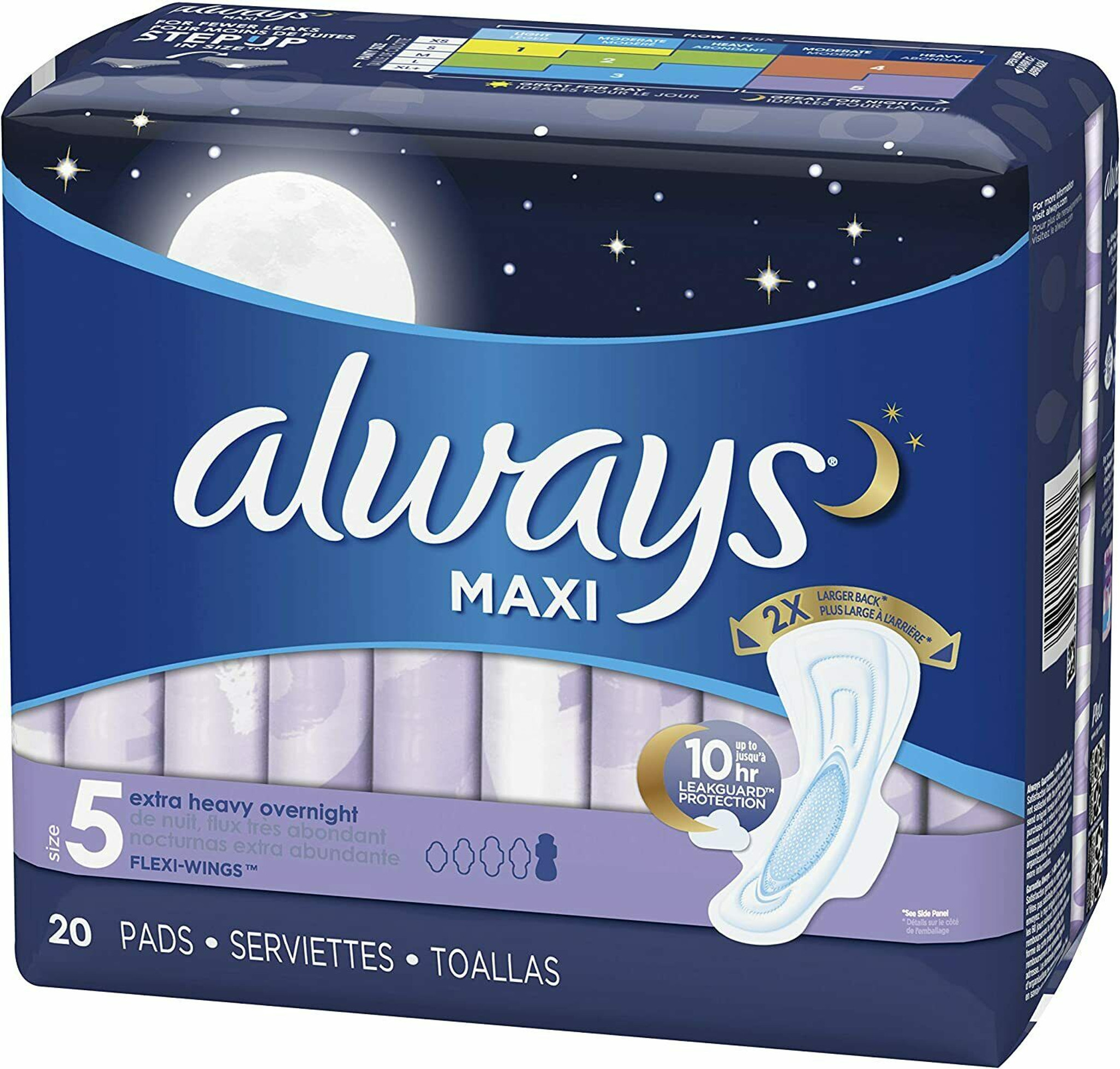 Always Maxi Overnight Pads with Wings for Women, Size 5, Extra Heavy  Overnight Absorbency, Unscented 36 Count