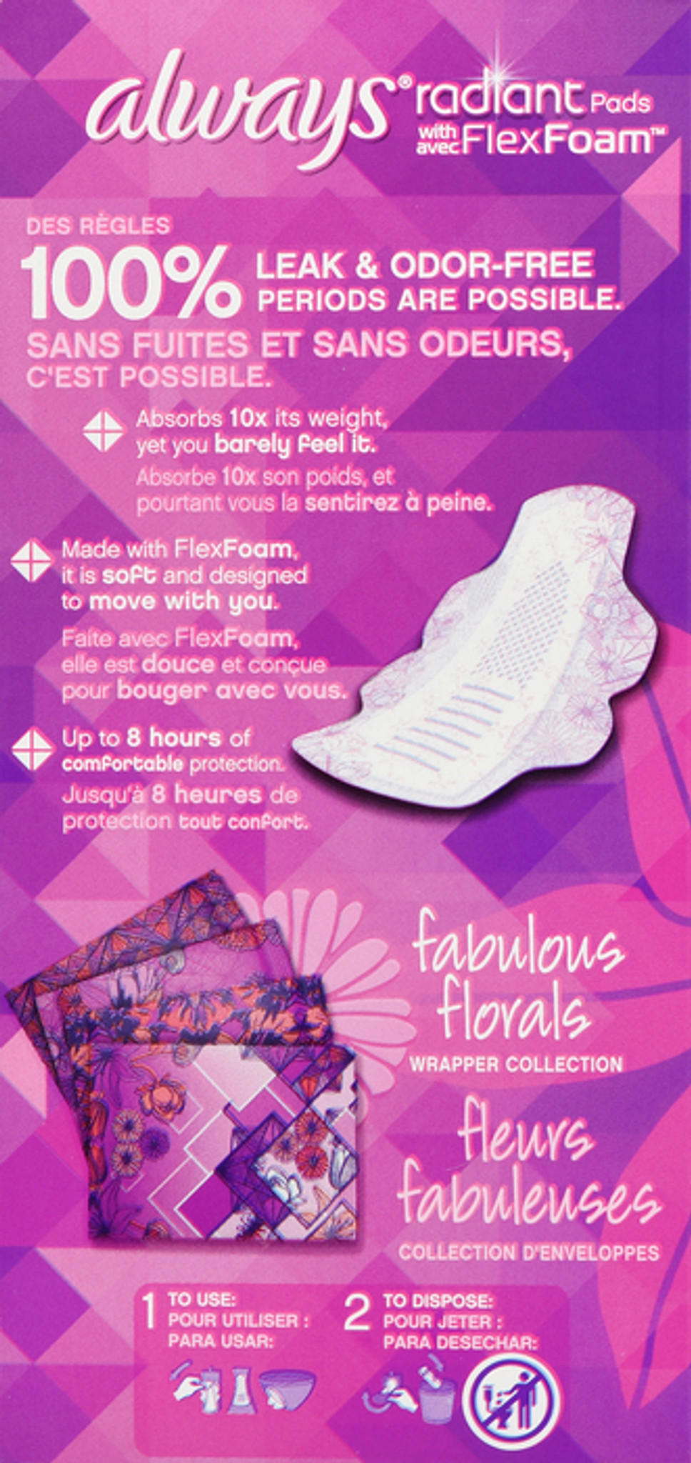 Always radiant flexfoam pads, extra heavy overnight absorbency