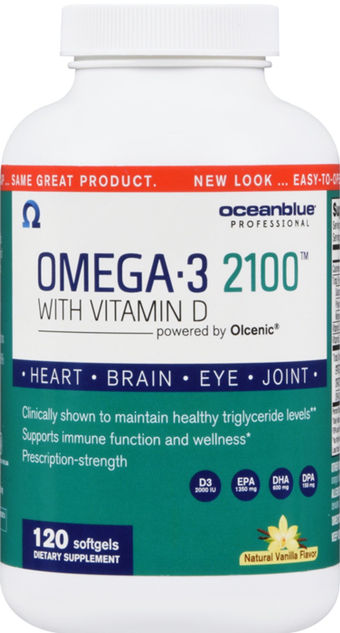 Oceanblue Omega-3 2100 مع فيتامين D3 120 عددًا ثلاثي القوة بزيت السمك الخشن  مع تركيز عالي من EPA و DHA وفيتامين D3 بنكهة الفانيليا البرية -  drugsupplystore.com
