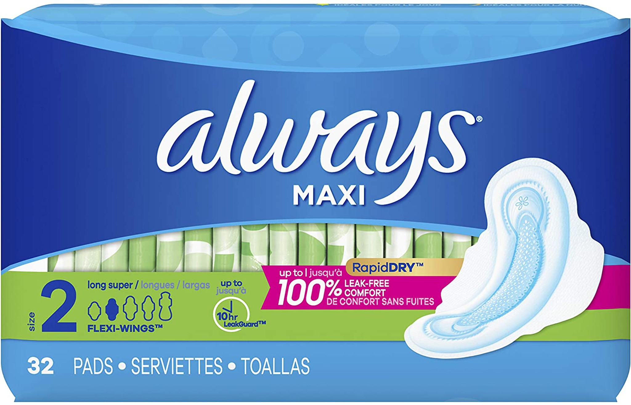 Always Maxi Long Super Pads With Wings Size 2 - 32 CT 6 Pack