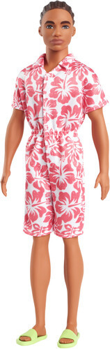 
Mattel - Barbie Ken Fashionista with Braided Brown Hair, Wearing Coral Jumpsuit with Hawaiian Print and Green Sandals