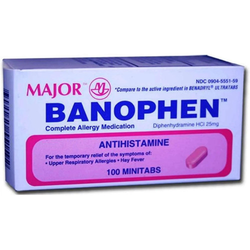 Major Banophen 25 mg Antihistamine Complete Allergy Medication 100 Minitabs