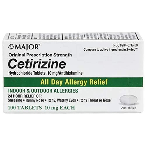 Major Cetirizine HCl 10 mg film coated Antihistamine Allergy 100 Tablets