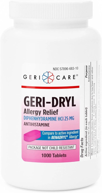 Geri-Care Diphenhydramine Hydrochloride 25mg Antihistamine 1000 Tablets