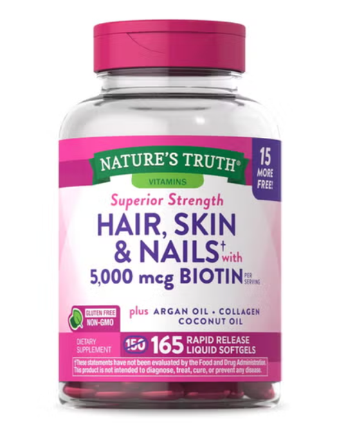 Nature's Truth Biotin 5000 mcg Hair Skin Nails Supplement with Collage Softgels 165 Counts