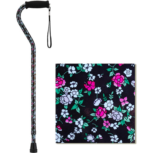 Nova Cane with Offset Handle and Carrying Strap Black w/Pink and Blue Flowers 
