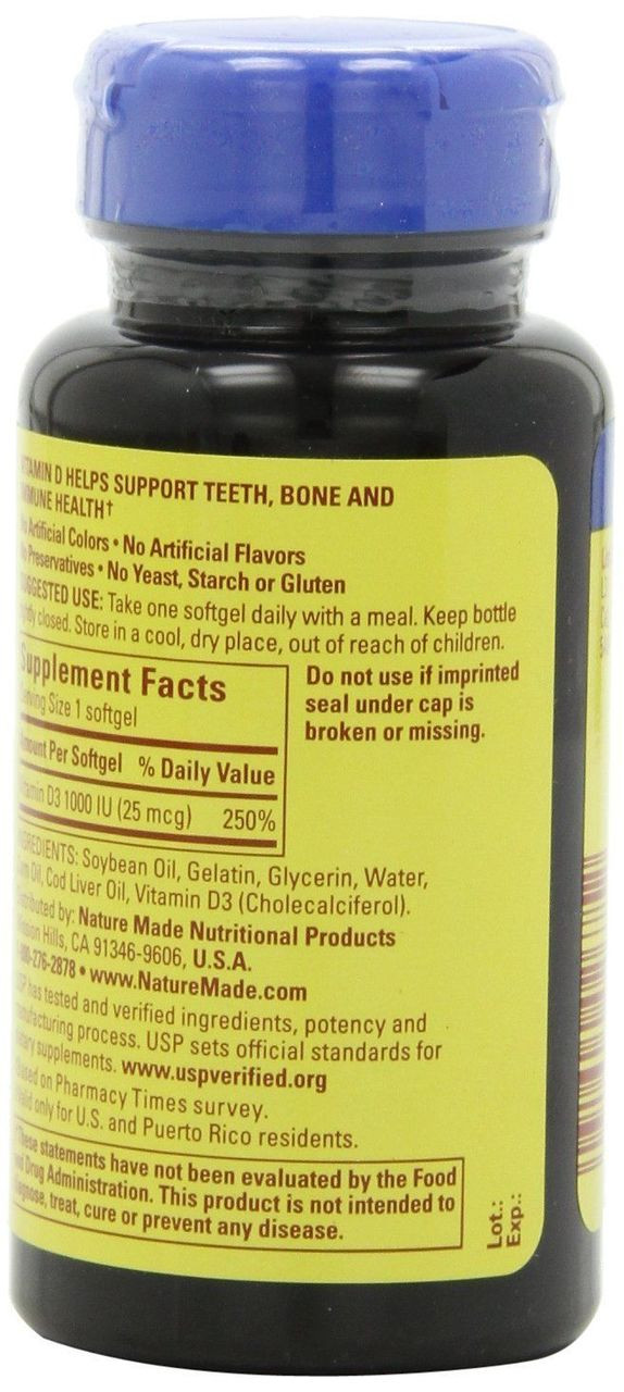 Nature Made Vitamin D3 1000 Iu Softgels 300 Count Supports Bone Immune Health