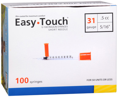 EasyTouch U-100 Insulin Syringes 31G 0.5cc/ml 5/16 (8MM) Yellow Box of 100