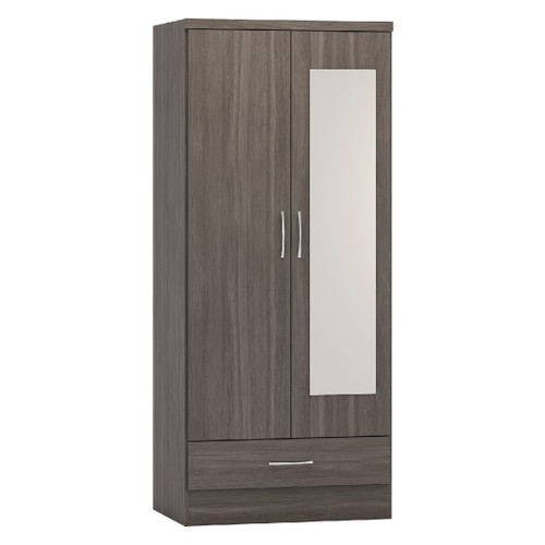 Nevada Black Wood Grain Effect 2 Door 1 Drawer Mirrored Wardrobe