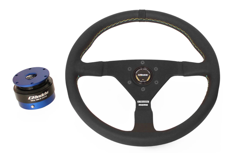 GReddy MOMO Montecarlo Steering Wheel (350mm) - Black Leather w/ Black Alcantara Centering Stripe - 16500212
