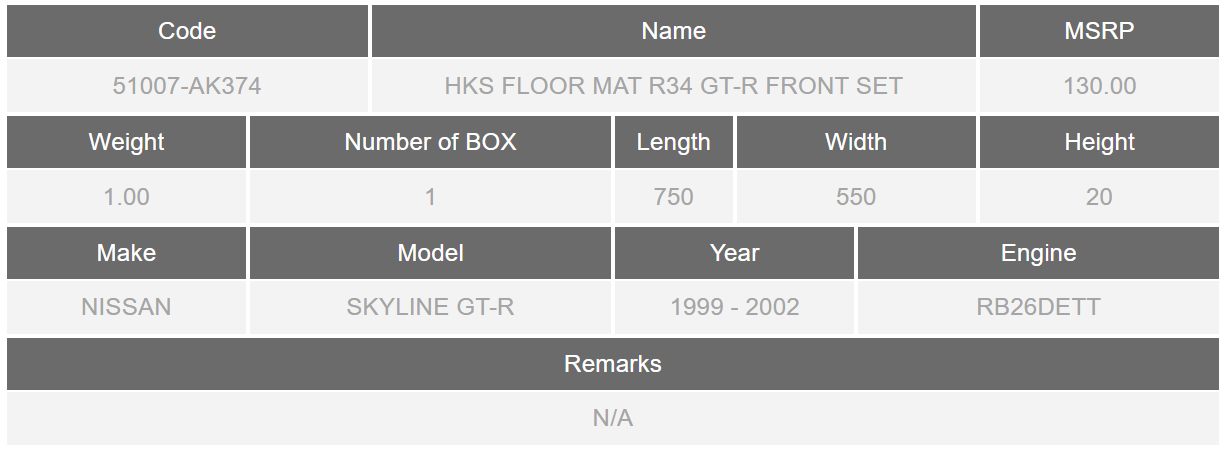 HKS FLOOR MAT R34 GT-R FRONT SET - 51007-AK374 - KoruWorks