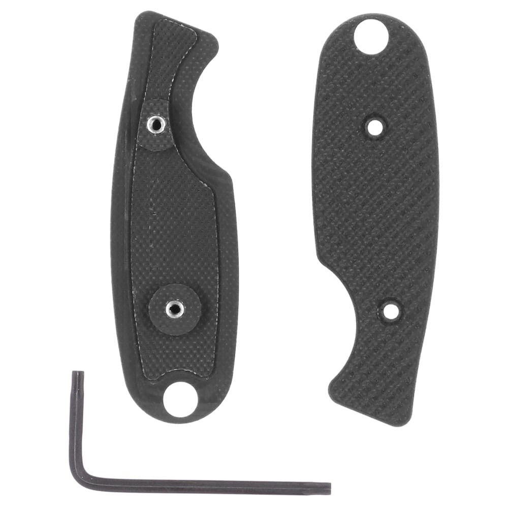 Close-up of the GW2 Fixed Blade Knife handle featuring black textured inserts with a secure grip and concealed hardware design - Image 2