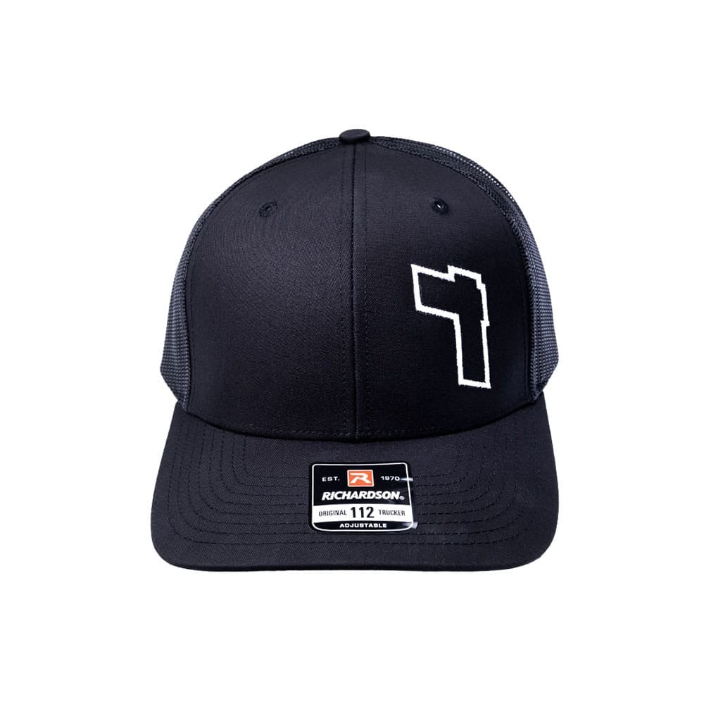 Front view of Black Richardson 112 trucker hat with white embroidered Tulster "T" logo on the front.