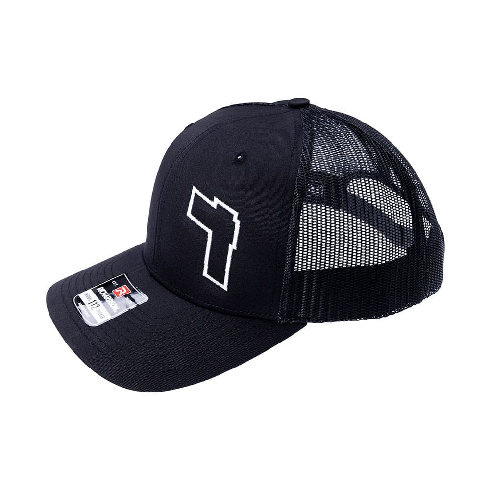 Angled view of Black Richardson 112 trucker hat with white embroidered Tulster "T" logo on the front.