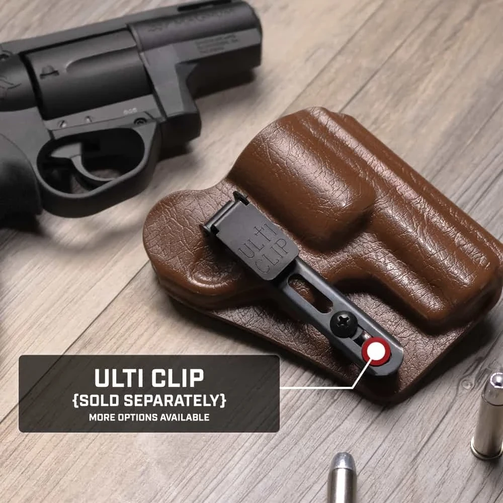 Brown Tulster RATH IWB revolver holster with an Ulti Clip belt clip (sold separately) next to a black revolver.