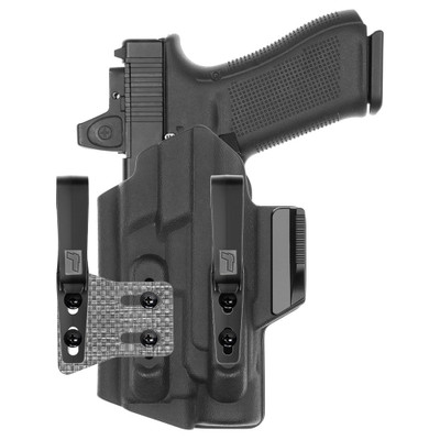 Front view of Tulster ARC IWB light-bearing holster for Glock 19 Streamlight TLR-1 , left-hand draw.