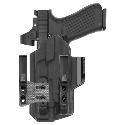 Front view of Tulster ARC IWB light-bearing holster for Glock 34 Streamlight TLR-1 , left-hand draw.