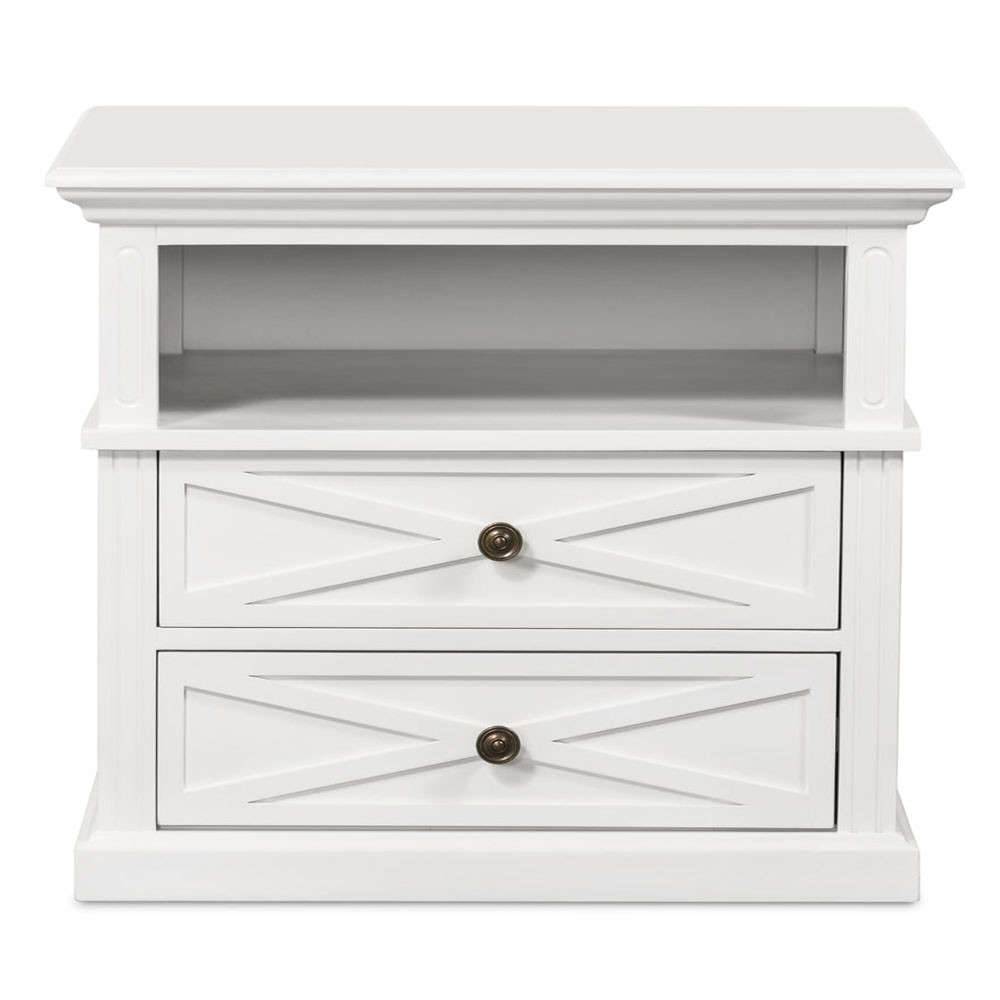 Hamptons Cross Bedside Table 2 Drawer Large White Hamptons Style Furniture