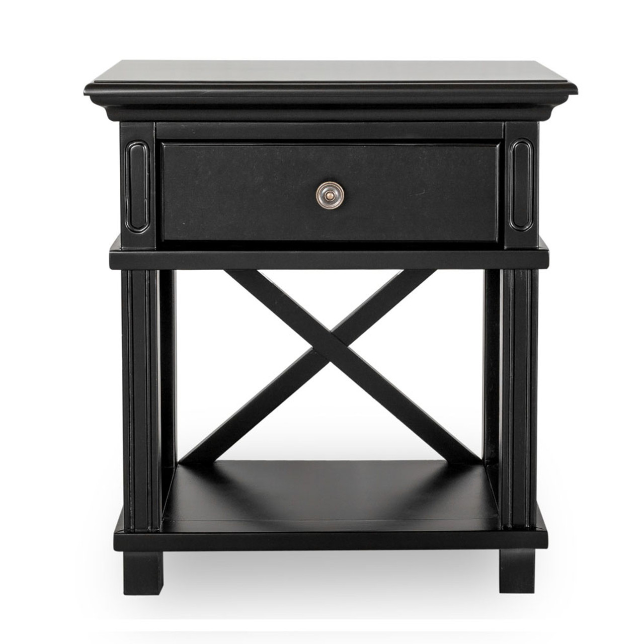 Hamptons Cross Bedside Table 1 Drawer Black Hamptons Style Furniture